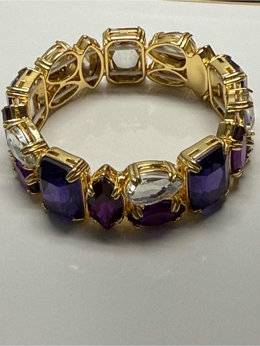 Talbots Mixed Cut Crystal Cluster Stretch Bracelet Purple Violet Gold Tone